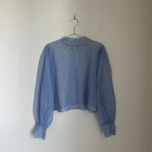 Zara Women's Sheer Mesh Puff Sleeve Blouse in Metallic Blue